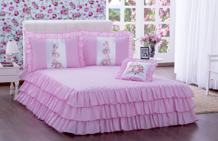 Kit Colcha Casal com Babado Sofia 4 Peças Rosa