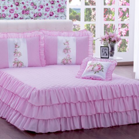 Kit Colcha Casal com Babado Sofia 4 Peças Rosa