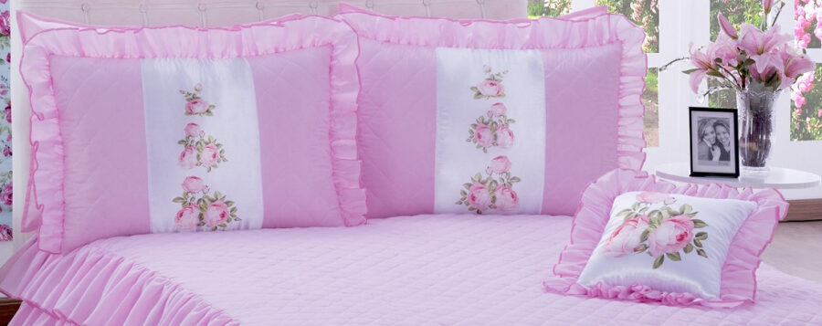 Kit Colcha Casal com Babado Sofia 4 Peças Rosa