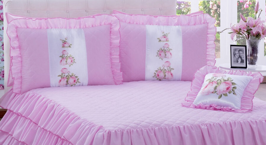 Kit Colcha Casal com Babado Sofia 4 Peças Rosa