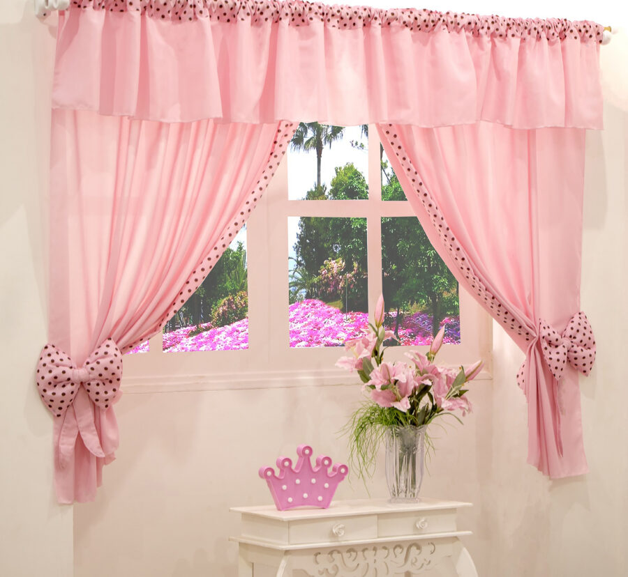Cortina Infantil Ursinha Rosa 2,00 x 1,70 m Varão Duplo