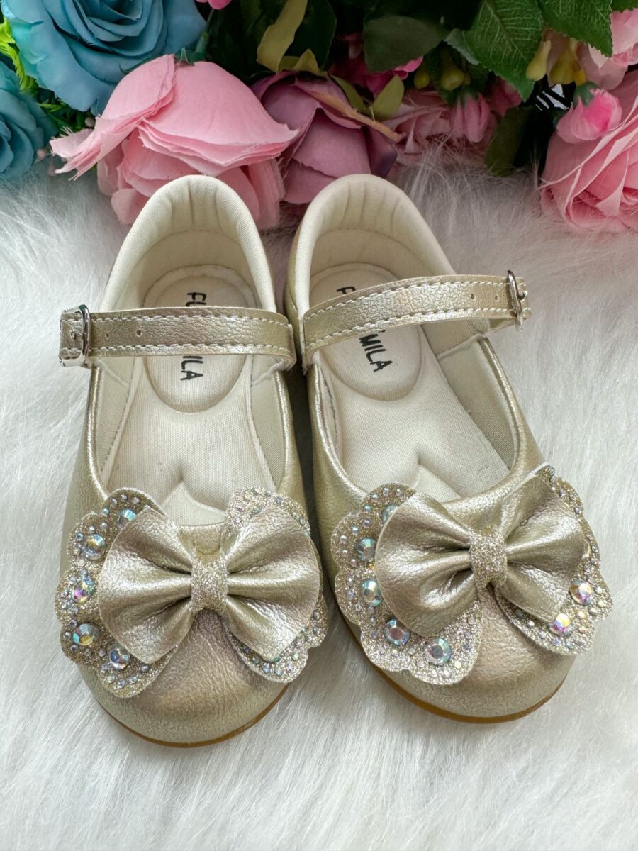 Sapatilha Flor Di MIla Baby Dourado lacinho Strass