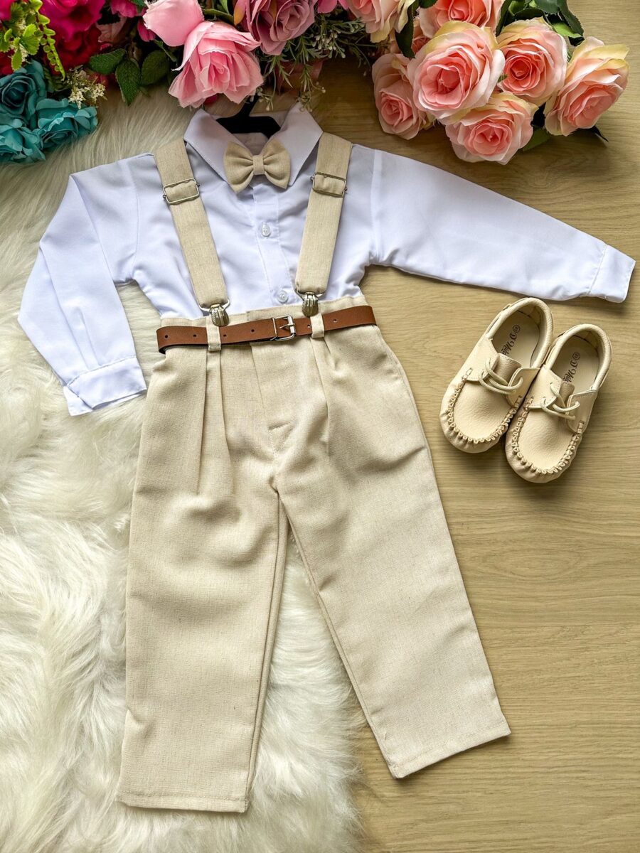 Conjunto Social Infantil Miss Cherry Vitor Linho Bege