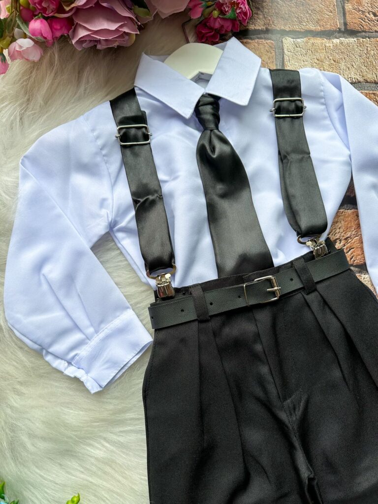 Conjunto Social Infantil Miss Cherry João Preto Suspensório