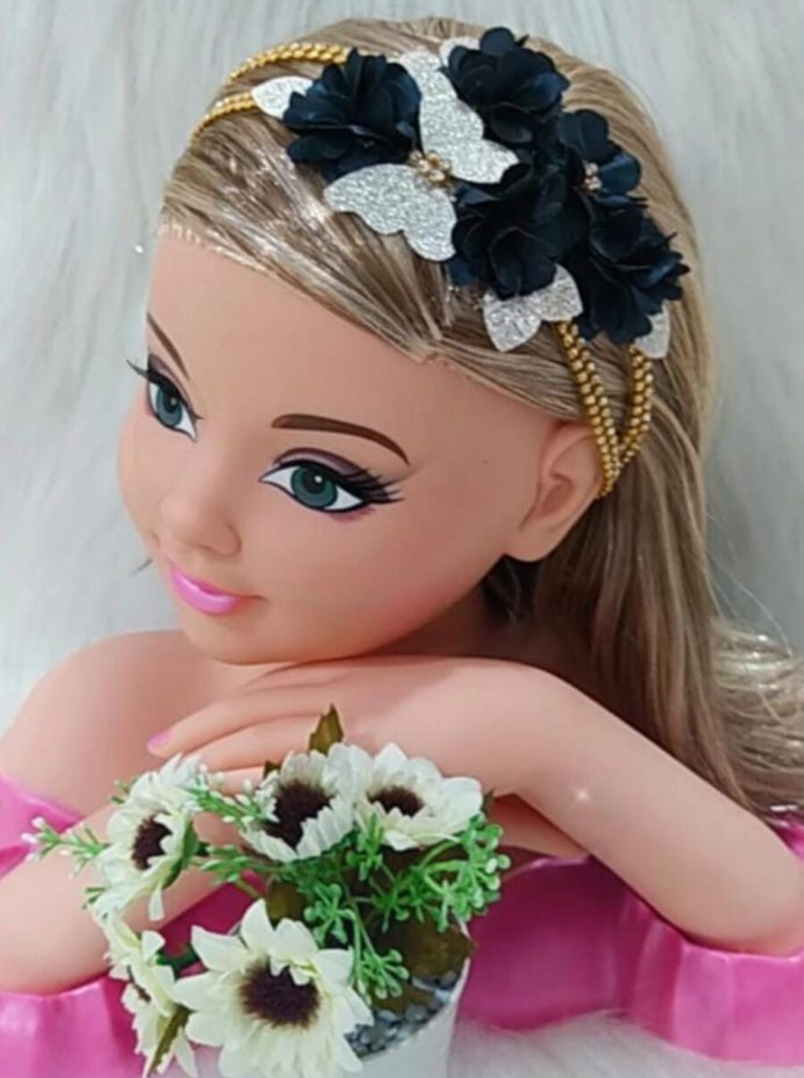 Faixa Tiara Infantil Belli Jardim Azul Petróleo com Dourado