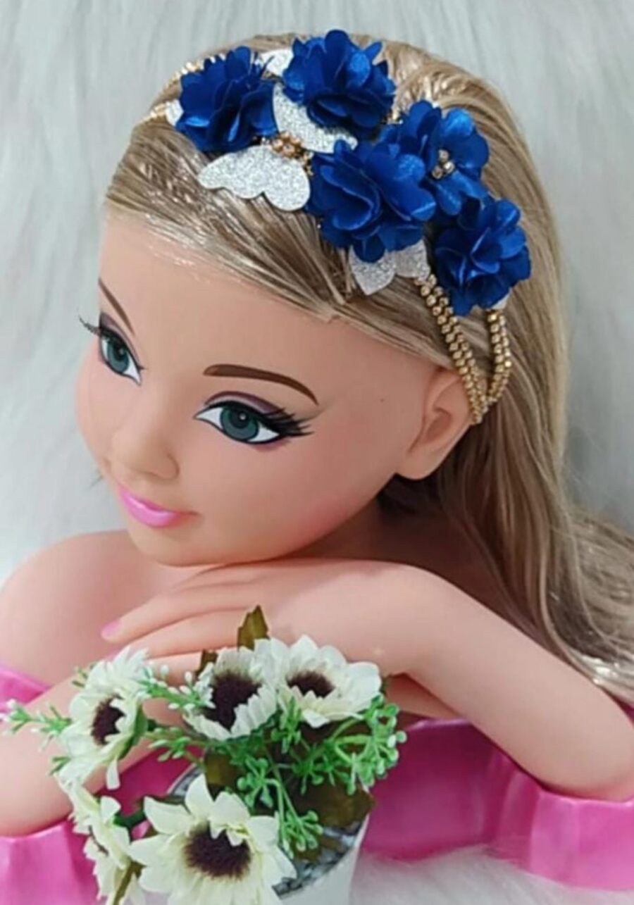 Faixa Tiara Infantil Belli Jardim Azul Royal com Dourado