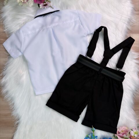 Conjunto Social Infantil Bermuda Suspensório Preto Gravata