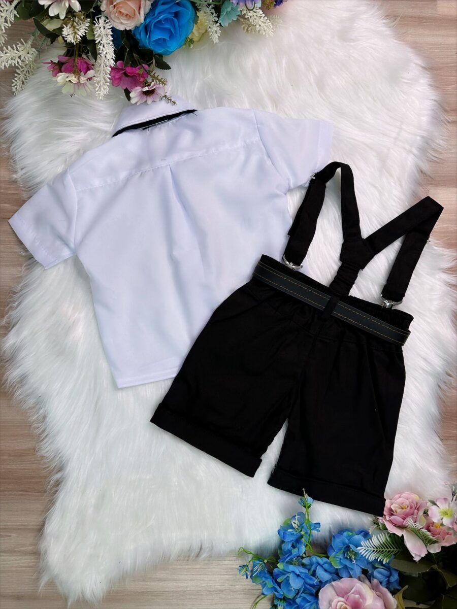 Conjunto Social Infantil Bermuda Suspensório Preto Gravata