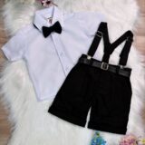 Conjunto Social Infantil Bermuda Suspensório Preto Gravata