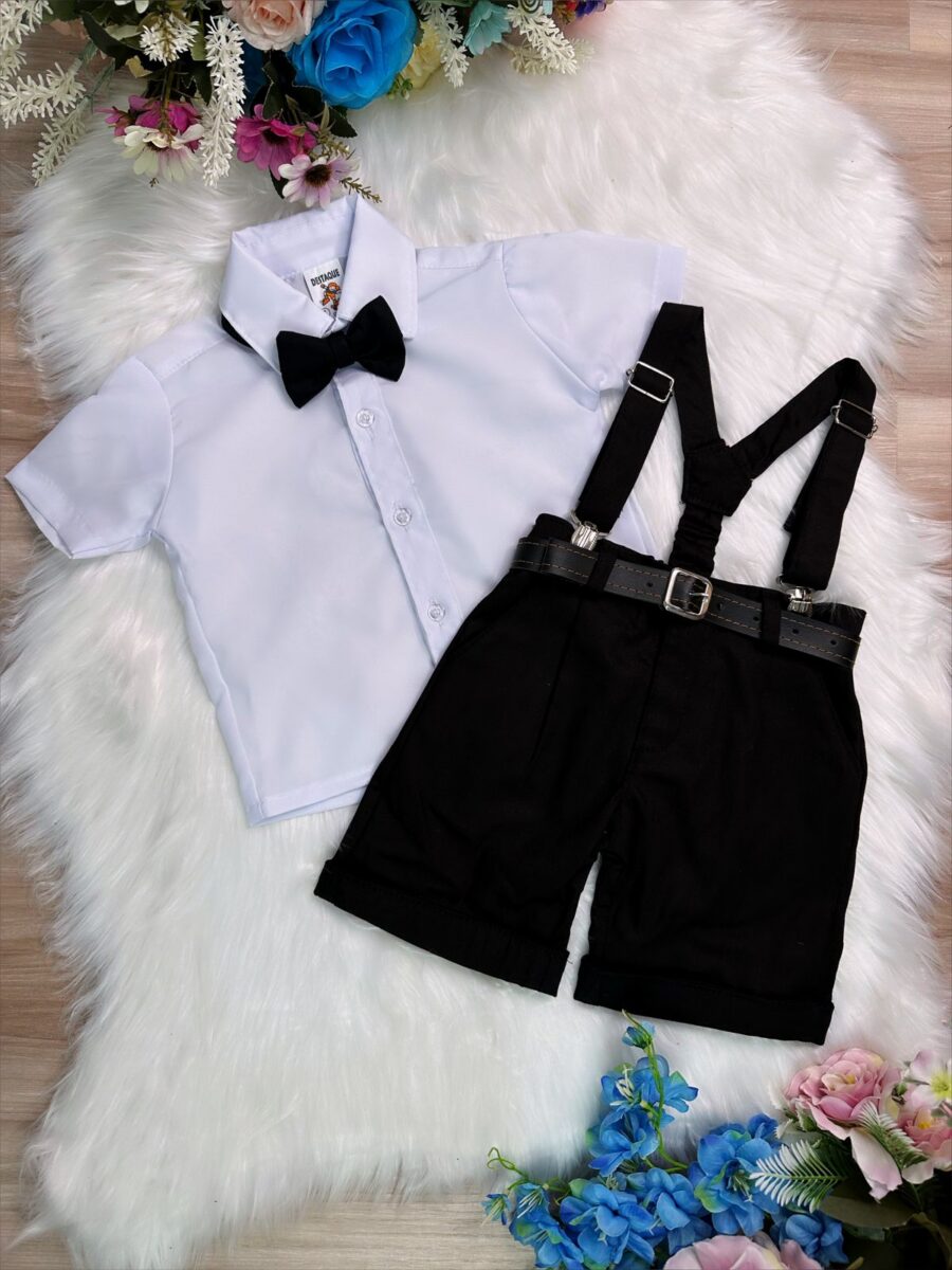 Conjunto Social Infantil Bermuda Suspensório Preto Gravata