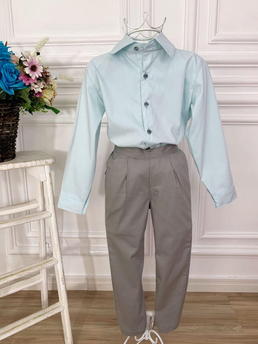 Conjunto Social Infantil Camisa Verde e Calça Sarja Cinza