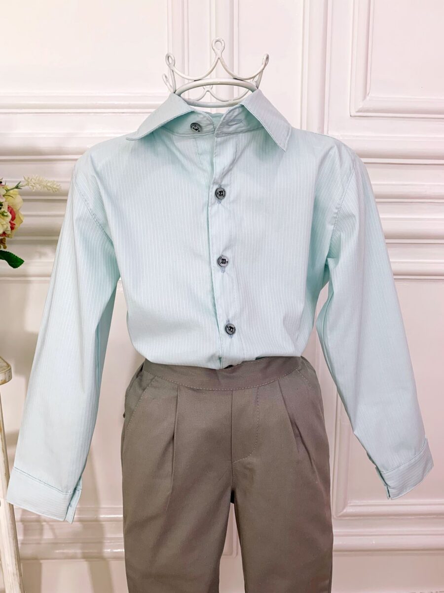 Conjunto Social Infantil Camisa Verde e Calça Sarja Cinza
