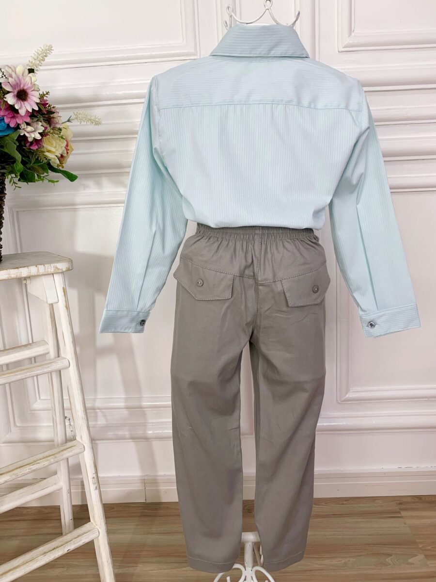 Conjunto Social Infantil Camisa Verde e Calça Sarja Cinza