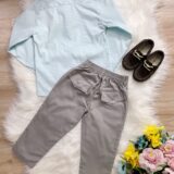 Conjunto Social Infantil Camisa Verde e Calça Sarja Cinza
