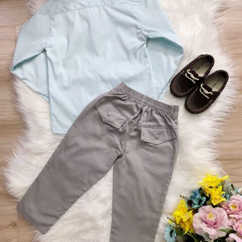 Conjunto Social Infantil Camisa Verde e Calça Sarja Cinza