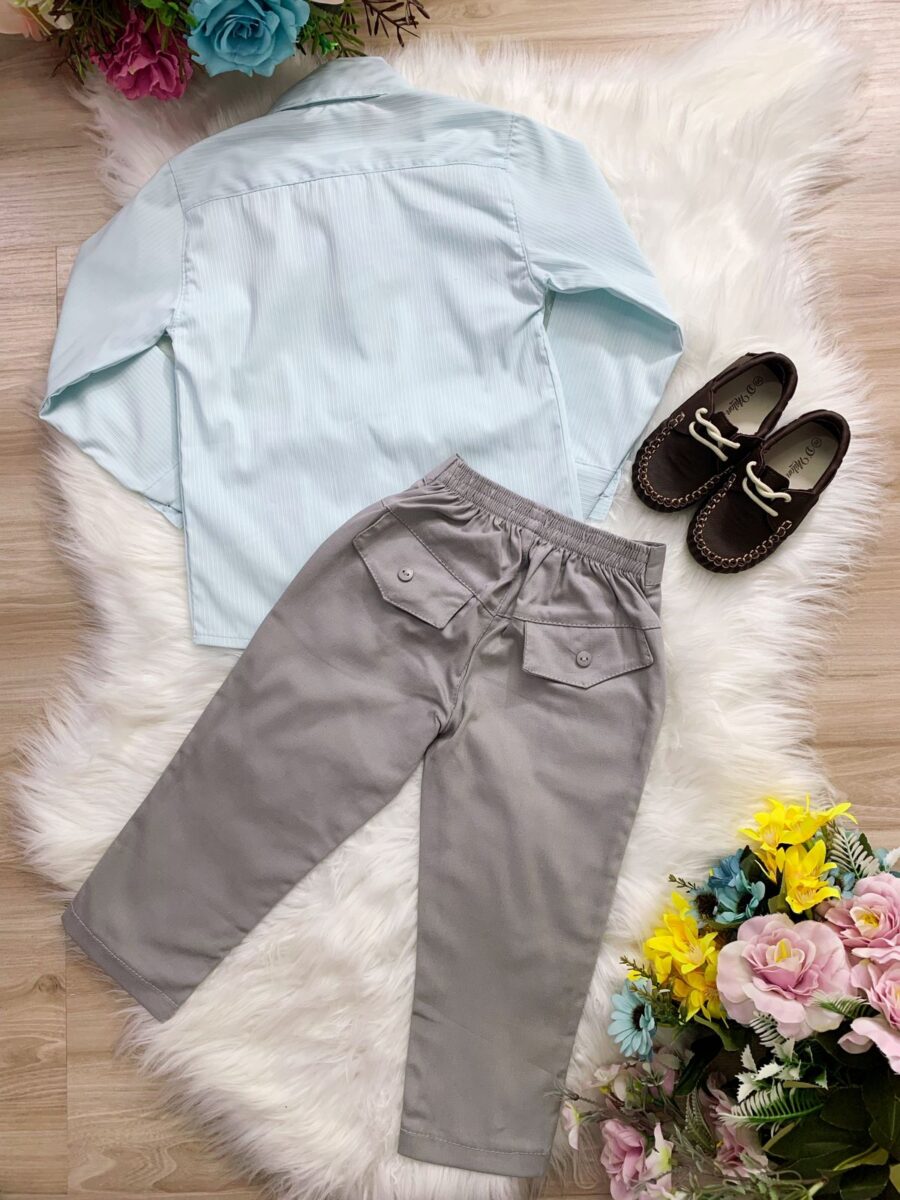 Conjunto Social Infantil Camisa Verde e Calça Sarja Cinza