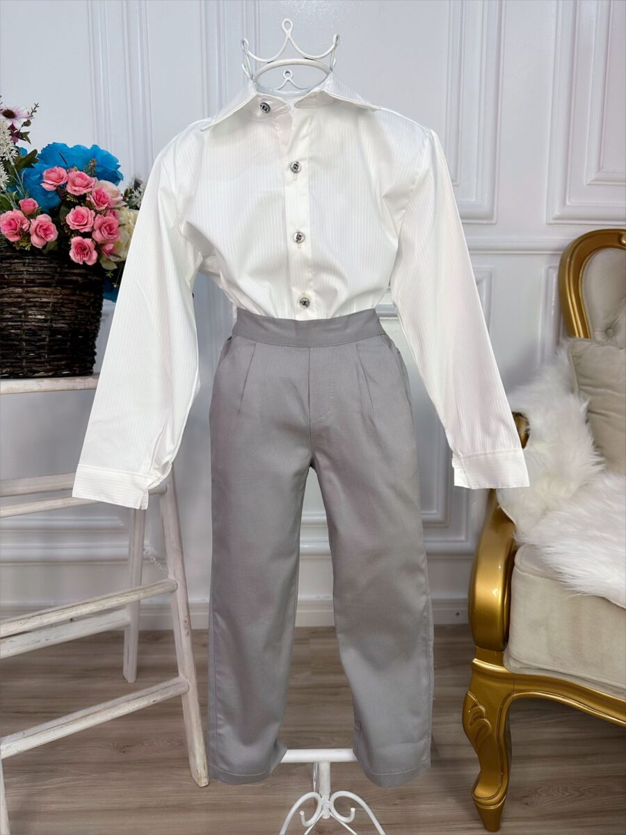Conjunto Social Infantil Camisa Off White Calça Sarja Caqui