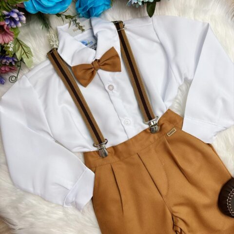 Conjunto Social Infantil Calça Sarja Suspensório Caramelo