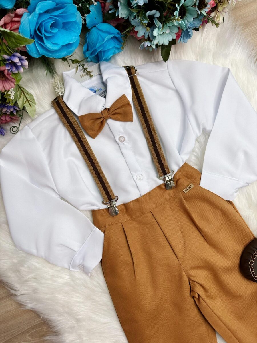 Conjunto Social Infantil Calça Sarja Suspensório Caramelo