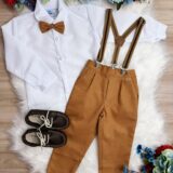 Conjunto Social Infantil Calça Sarja Suspensório Caramelo