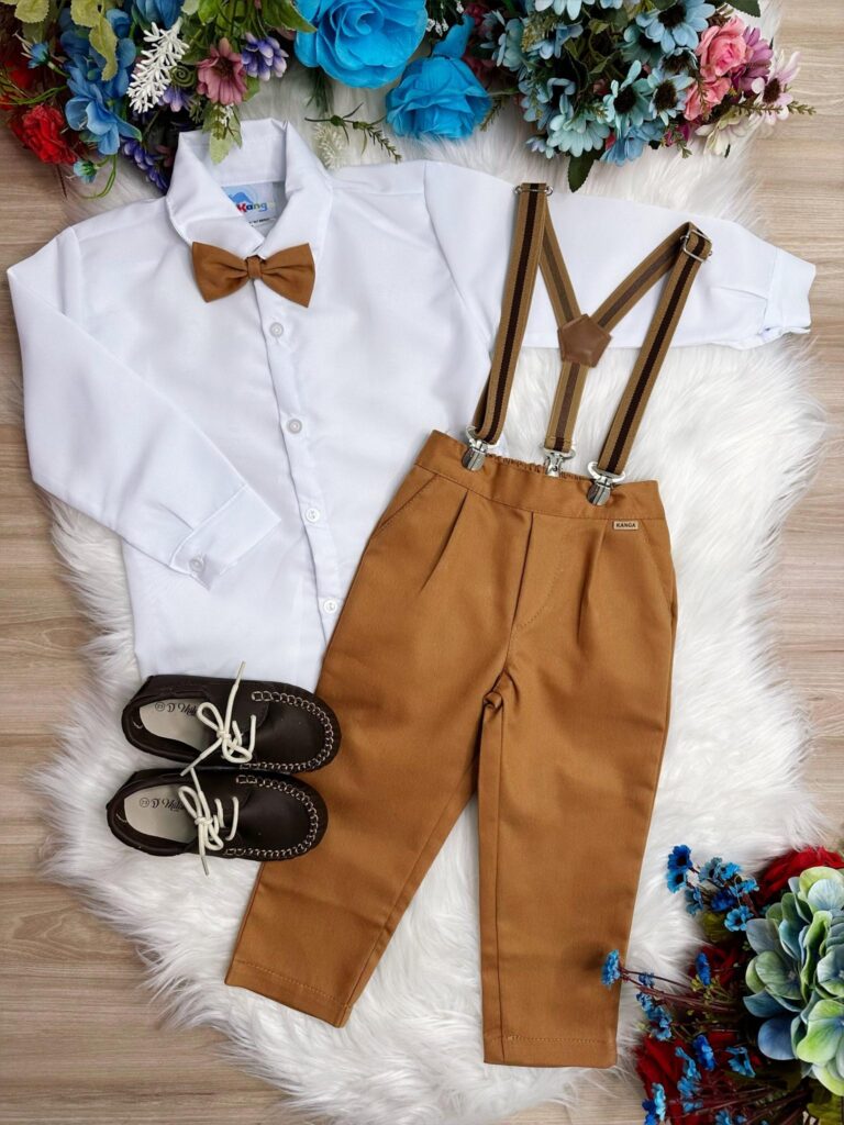Conjunto Social Infantil Calça Sarja Suspensório Caramelo