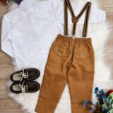 Conjunto Social Infantil Calça Sarja Suspensório Caramelo