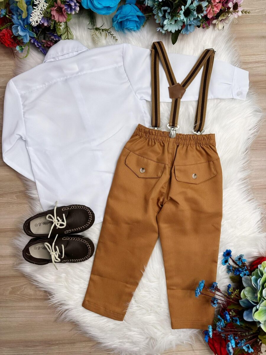 Conjunto Social Infantil Calça Sarja Suspensório Caramelo