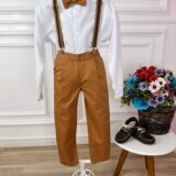 Conjunto Social Infantil Calça Sarja Suspensório Caramelo