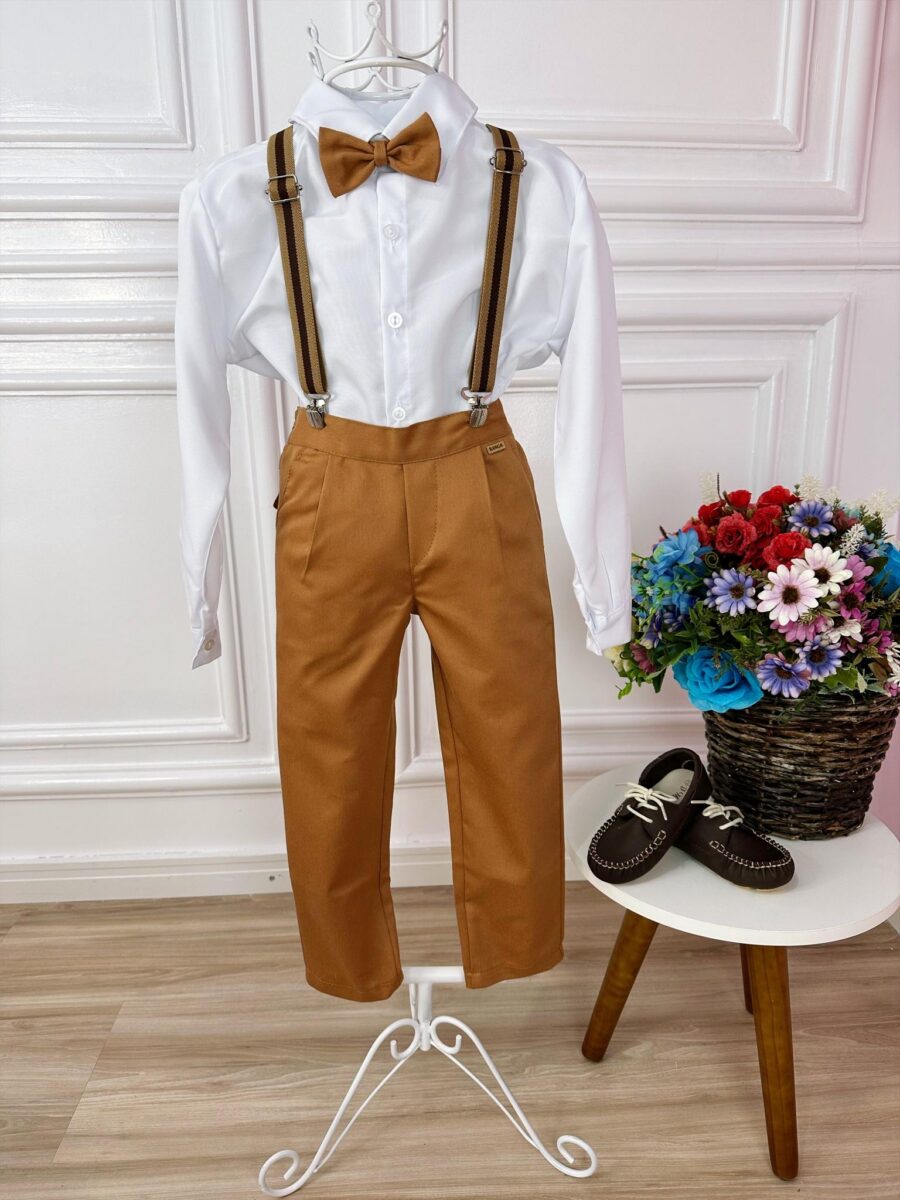 Conjunto Social Infantil Calça Sarja Suspensório Caramelo