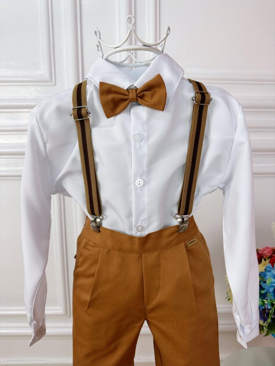 Conjunto Social Infantil Calça Sarja Suspensório Caramelo