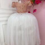 Vestido Infantil Dama Longo Rosê e Branco Cetim Renda Tule