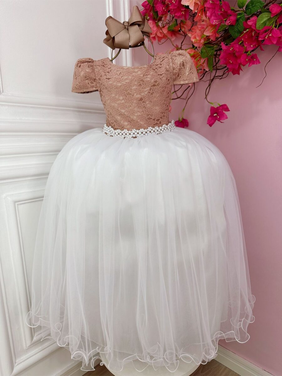 Vestido Infantil Dama Longo Rosê e Branco Cetim Renda Tule