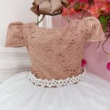 Vestido Infantil Dama Longo Rosê e Branco Cetim Renda Tule