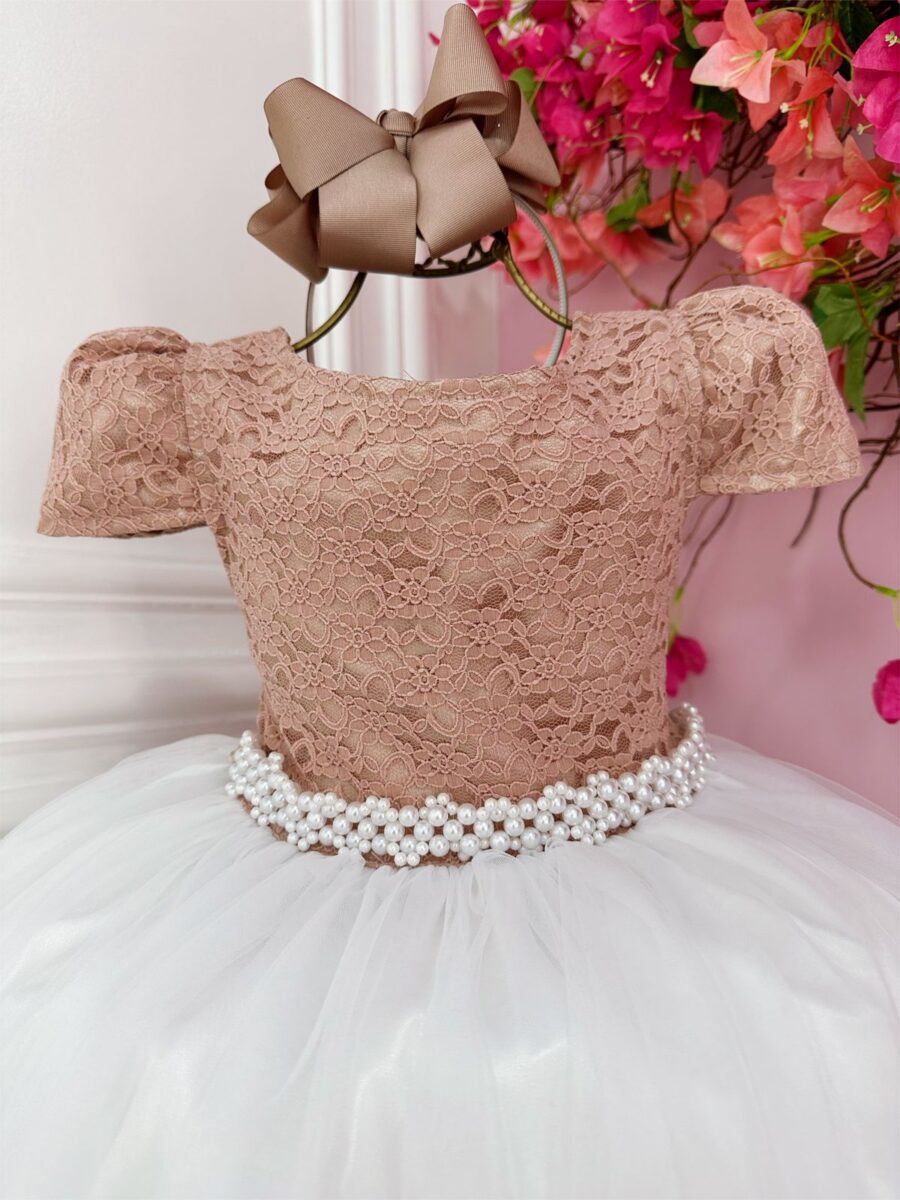Vestido Infantil Dama Longo Rosê e Branco Cetim Renda Tule