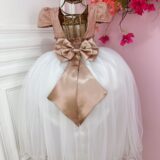 Vestido Infantil Dama Longo Rosê e Branco Cetim Renda Tule