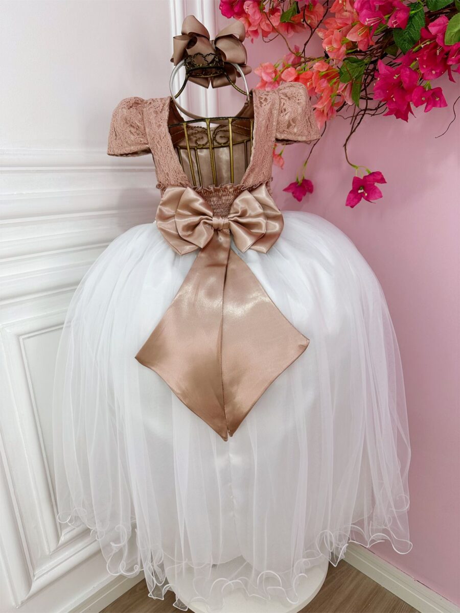 Vestido Infantil Dama Longo Rosê e Branco Cetim Renda Tule