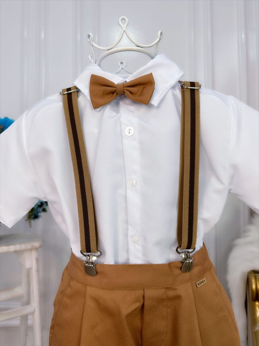 Conjunto Social Infantil Bermuda Suspensório Caramelo Escuro