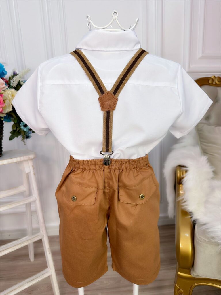 Conjunto Social Infantil Bermuda Suspensório Caramelo Escuro