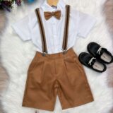 Conjunto Social Infantil Bermuda Suspensório Caramelo Escuro