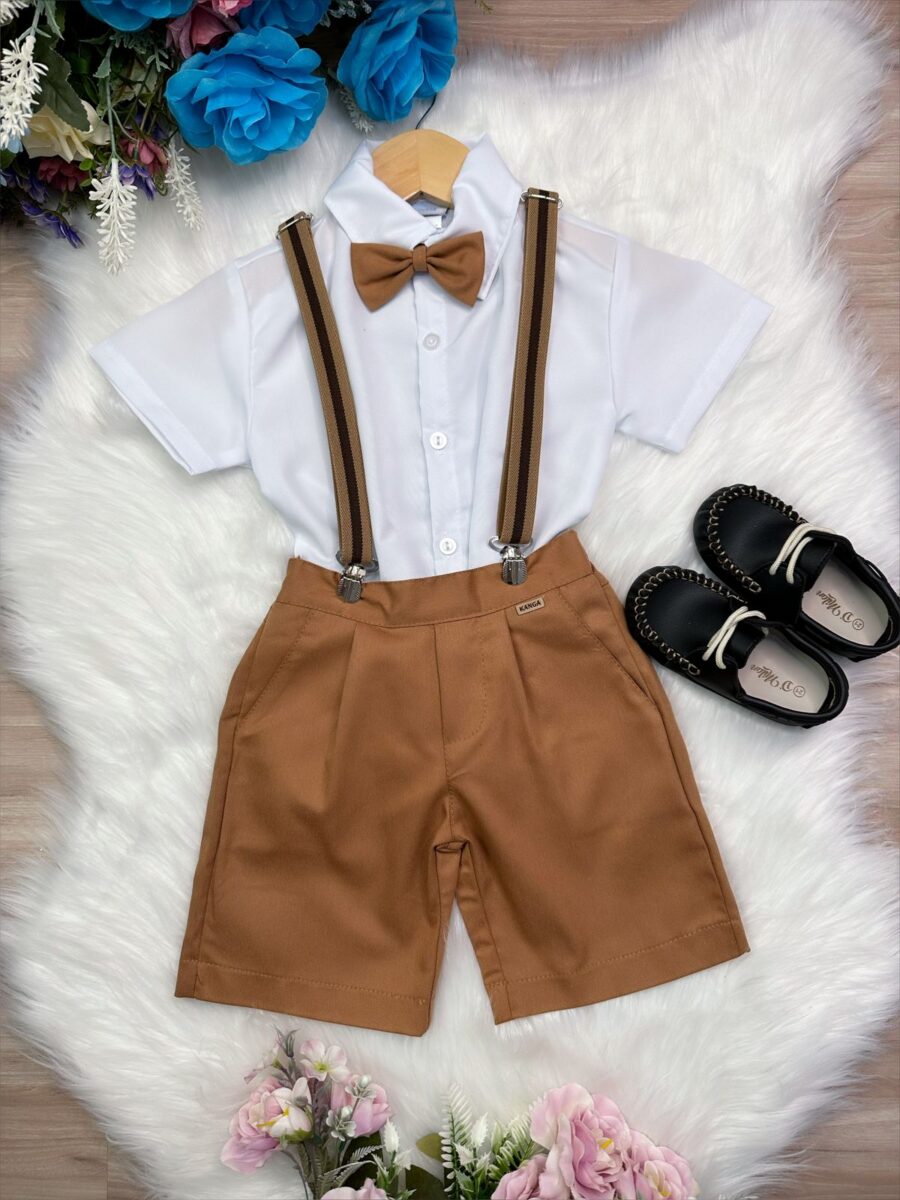 Conjunto Social Infantil Bermuda Suspensório Caramelo Escuro