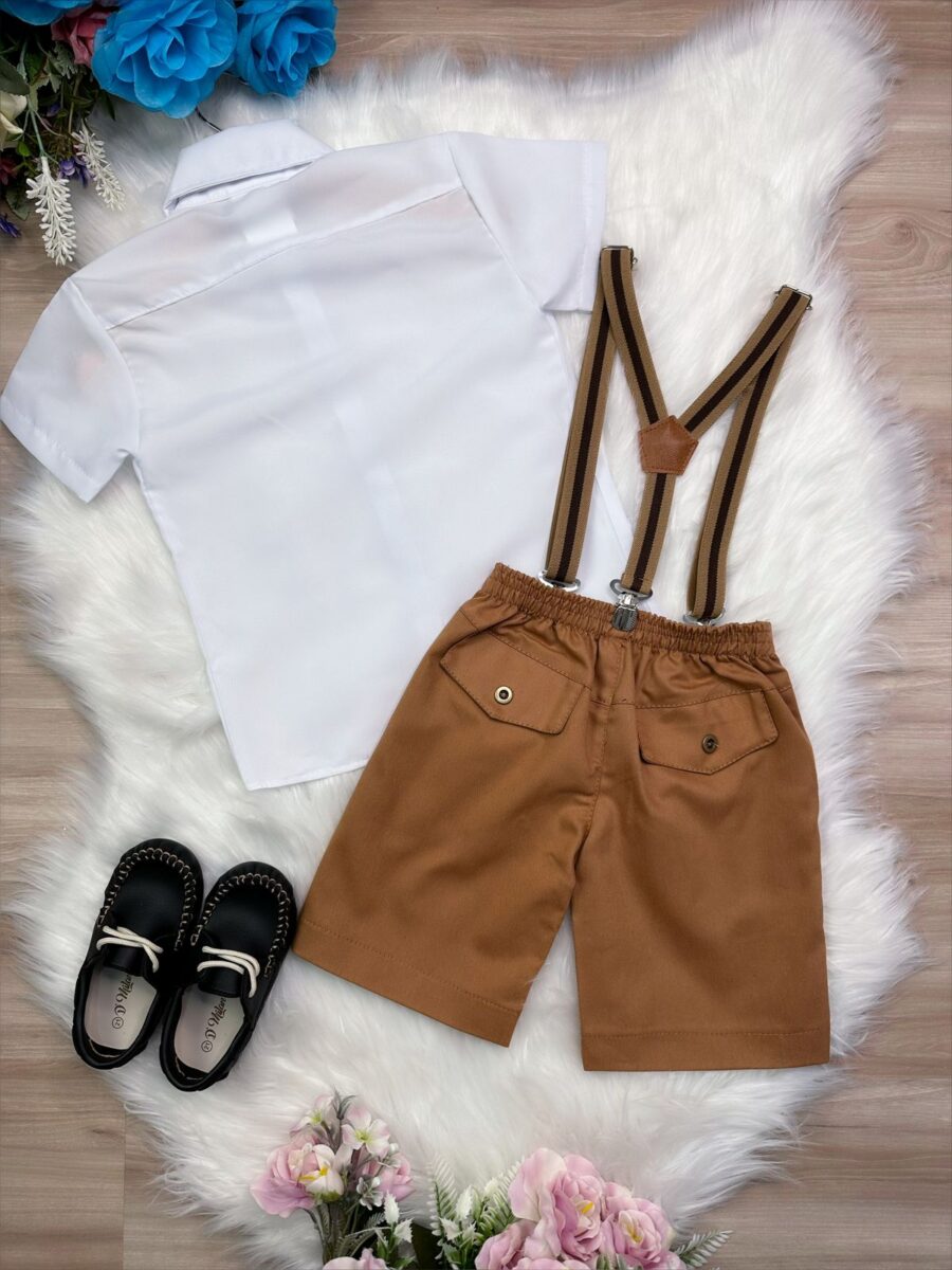 Conjunto Social Infantil Bermuda Suspensório Caramelo Escuro