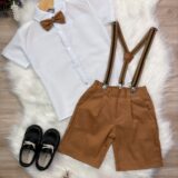 Conjunto Social Infantil Bermuda Suspensório Caramelo Escuro