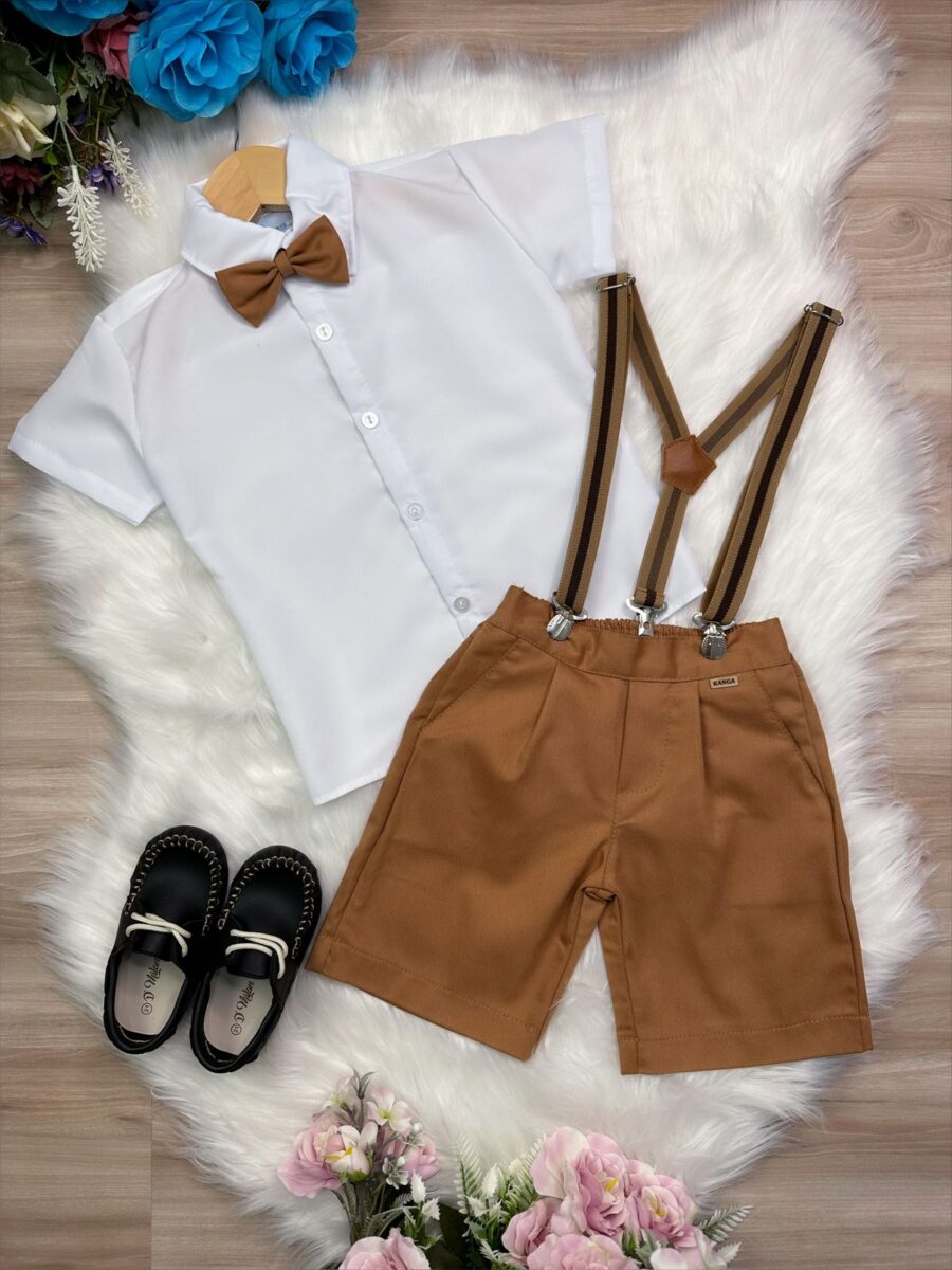 Conjunto Social Infantil Bermuda Suspensório Caramelo Escuro