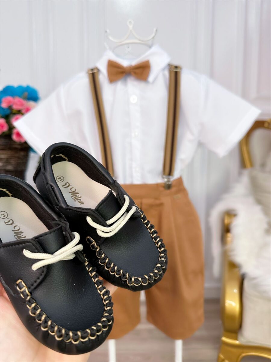 Conjunto Social Infantil Bermuda Suspensório Caramelo Escuro