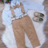 Conjunto Social Infantil Calça Suspensório Gravata Caqui