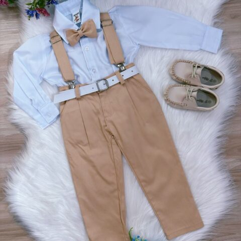 Conjunto Social Infantil Calça Suspensório Gravata Caqui
