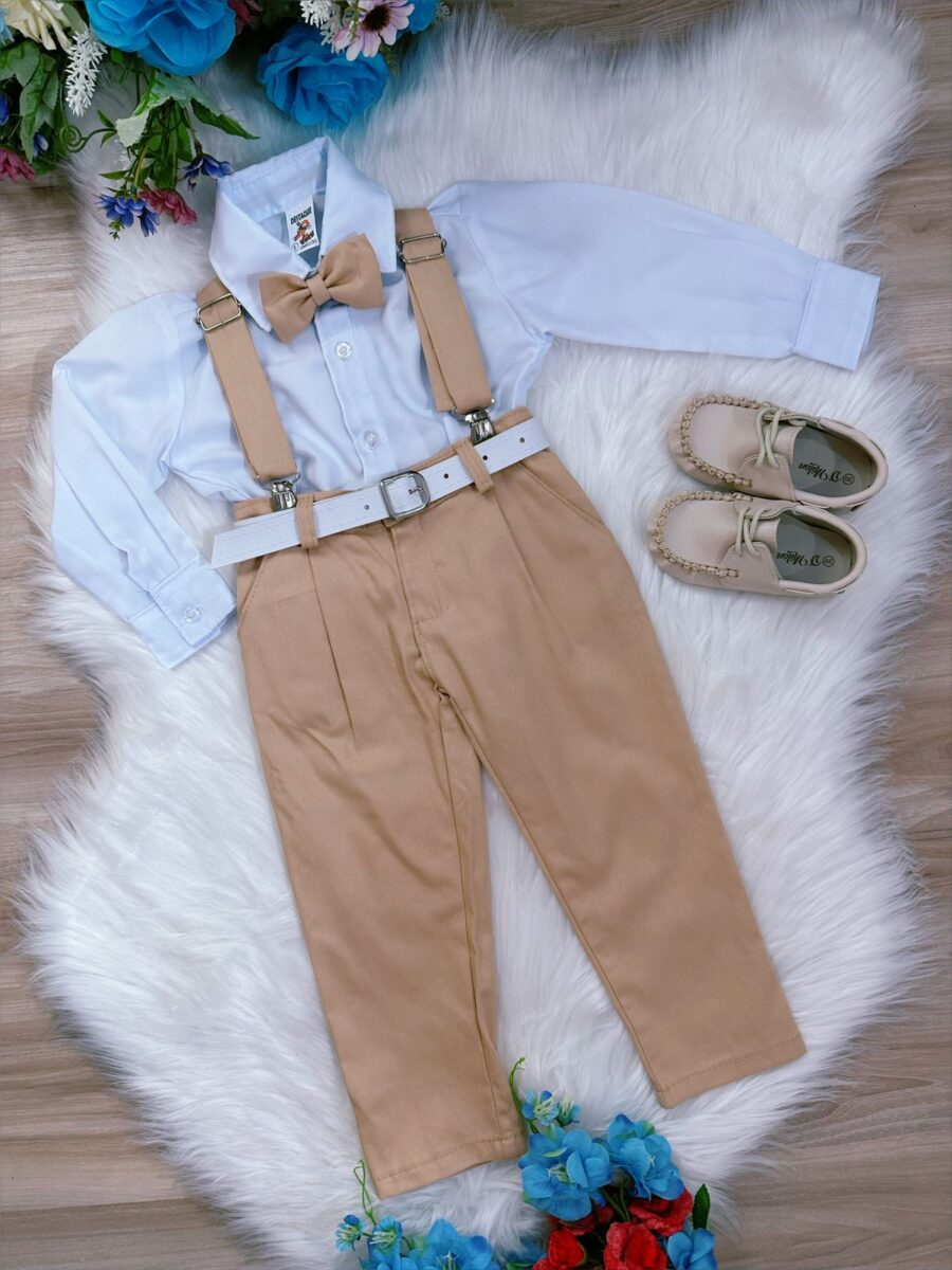 Conjunto Social Infantil Calça Suspensório Gravata Caqui