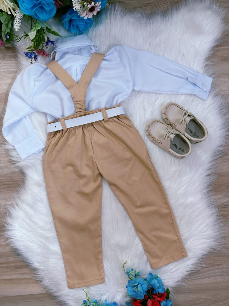 Conjunto Social Infantil Calça Suspensório Gravata Caqui