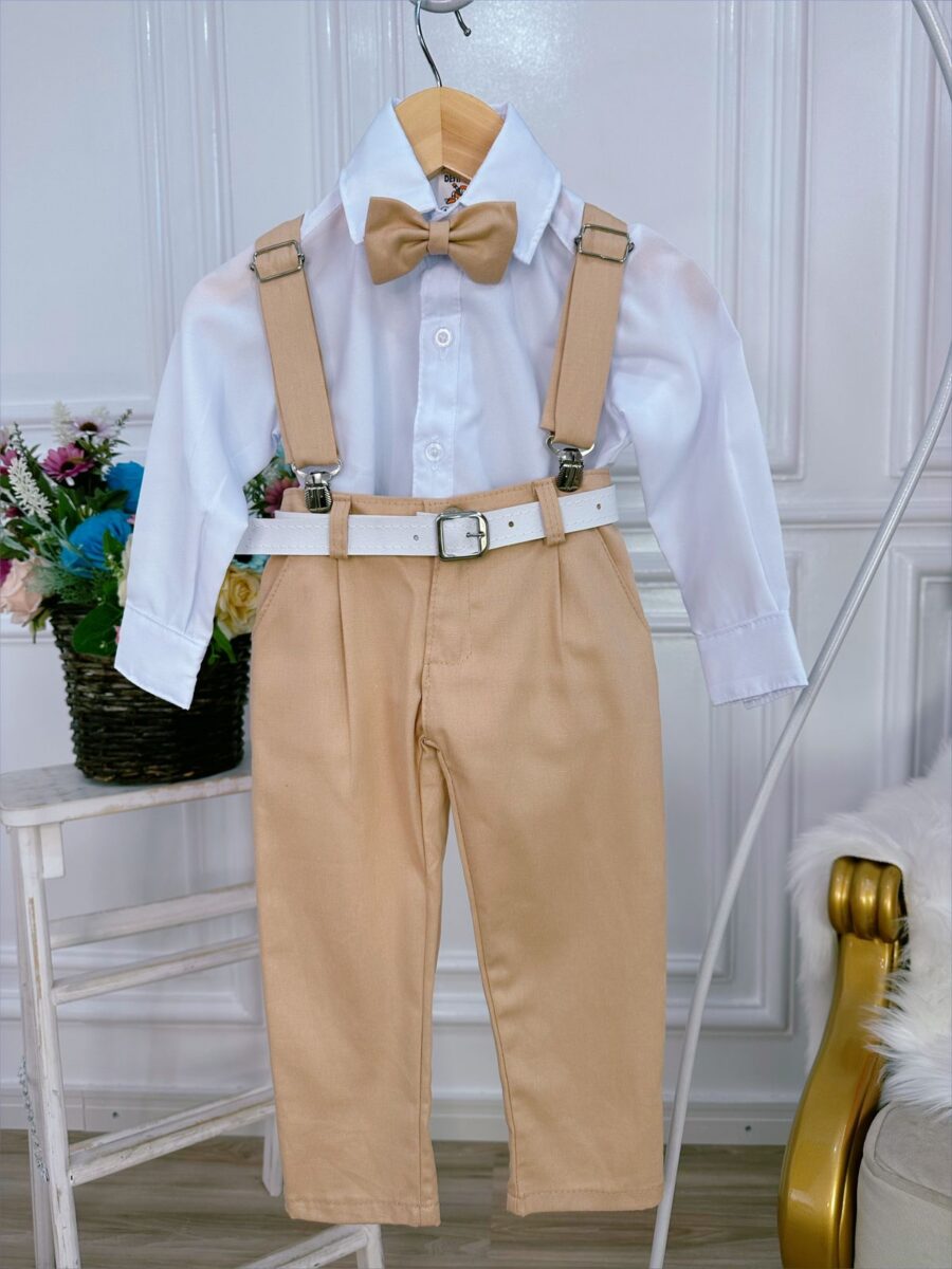 Conjunto Social Infantil Calça Suspensório Gravata Caqui