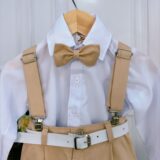 Conjunto Social Infantil Calça Suspensório Gravata Caqui